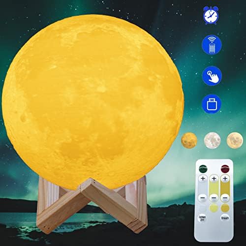 מנורת ירח תאורת אוקסלט, 3 צבעים לד טיימר ניתן לעמעום מנורת לילה ירח עם מעמד ומרחוק, מנורת ירח מודפסת