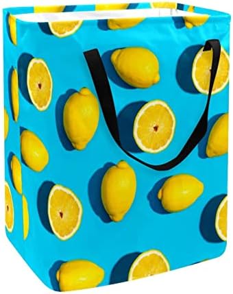 צהוב פירות לימון כחול הדפס סל כביסה מתקפל, 60 ליטר עמיד למים סלי כביסה סל כביסה צעצועי אחסון לחדר שינה