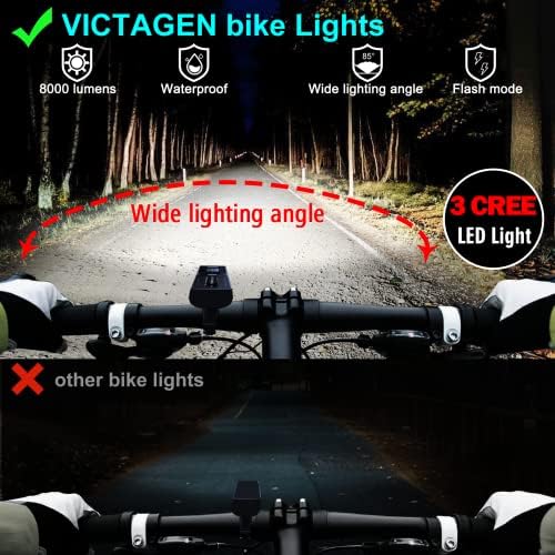 אורות אופניים ויקטגן 8000 אורות אופני לומן לרכיבה על לילה, 3 פנס אופניים של Cree LED, אור אופניים סופר