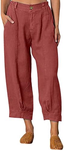 מכנסי פשתן כותנה לנשים, רגל ישר לבושת ישר רופפת כושר קפרי אורך מכנסיים קצוצים קדמיים עם כיסים