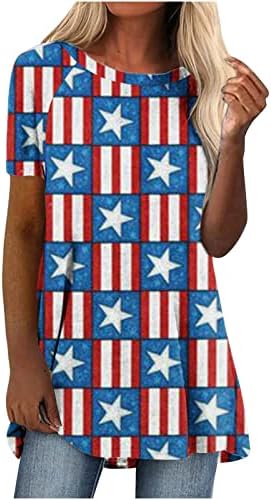 צמרות קיץ של נשים, טוניקת שרוול קצר רופפת רופפת 4 ביולי כוכבים הדפסים מפוספסים חולצת טש חולצת דגל אמריקאית