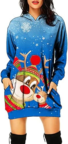 שמלת סוודר עם שרוול ארוך שרוול ארוך שמלת חג המולד הדפס חג המולד כיס מזדמן שמלה רופפת שמלה סרוגה