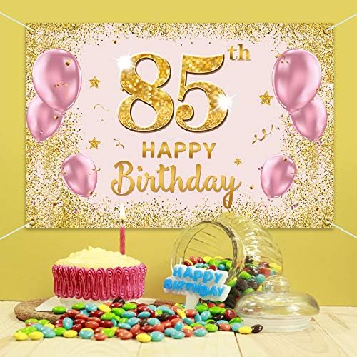 פקבוום באנר רקע יום הולדת 85 שמח-85 אספקת קישוטים למסיבת יום הולדת לנשים-ורוד זהב 3.9 על 5.9 רגל