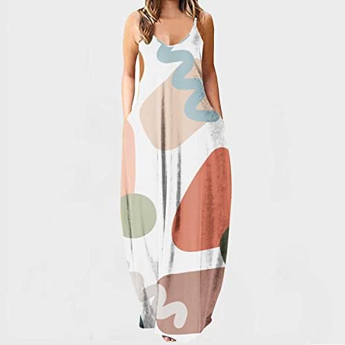 שמלת קיץ לנשים 2023 הדפס חמוד מזדמן רצועת ספגטי נגד צוואר ללא שרוולים שמלת מקסי רופפת שמלת טוניקה