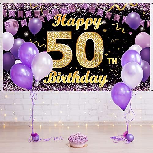 קישוטי יום הולדת 50 באנר רקע, קישוטי יום הולדת 50 שמחים בשבילה, זהב סגול 50 מסיבת יום הולדת תפאורה רקע