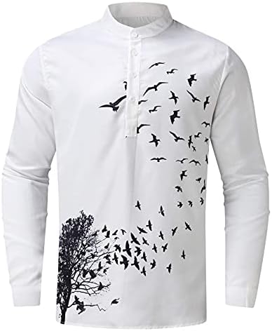 XXBR's Men's Vecher חולצות הנלי, סתיו כותנה פשתן שרוול ארוך ציפורים הדפס חולצות הוואי מזדמנים חולצות