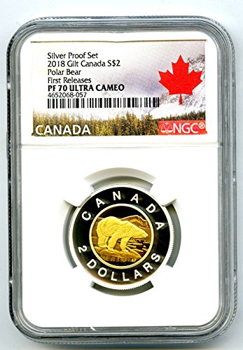 2018 קנדה הוכחת כסף Toonie שני דולר מוזהב דוב קוטב זהב משחרר לראשונה 2 $ PF70 NGC