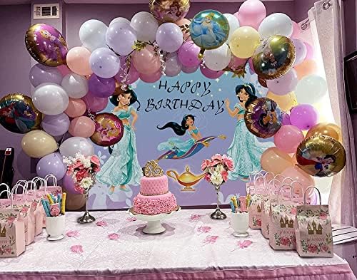 חיוך עולם נסיכת יסמין רקע למסיבת יום הולדת אלדין נושא רקע קריקטורה טורקיז סגול באנר קישוטי עבור עוגת