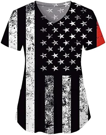 4 ביולי חולצות לנשים דגל אמריקאי קיץ שרוול קצר חולצת טריקו עם 2 כיסים חולצות בגדי עבודה מזדמנים לחג