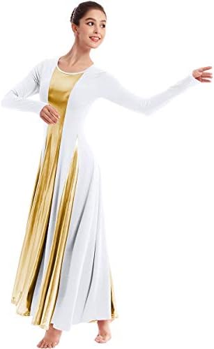 Ibakom נשים ליטורגי שמלת ריקוד לירית רופפת בכושר באורך מלא שרוול ארוך בלט תחפושת פולחן מתכתי