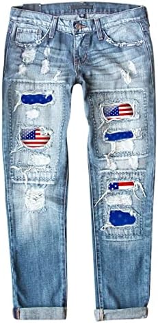 מיאשוי ז 'אן סרבלי נשים מכנסיים נשים ג' ינס עצמאות יום הדפסת קרע מכנסיים נשים ז ' אן מכנסיים מגשר