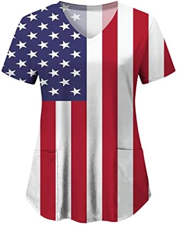 חולצות טריקו 4 ביולי לנשים דגל אמריקה דגל אמריקה שרוול קצר שרוול V-צווארון V עם 2 כיסים לבוש עבודה מזדמן