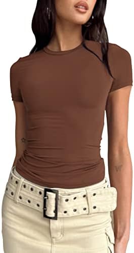 SAFRISIOR נשים יבול מוצק בסיסי חולצות טייז עגול צוואר עגול צורה שרוול קצר מתאים אימון טיול חולצת יוגה